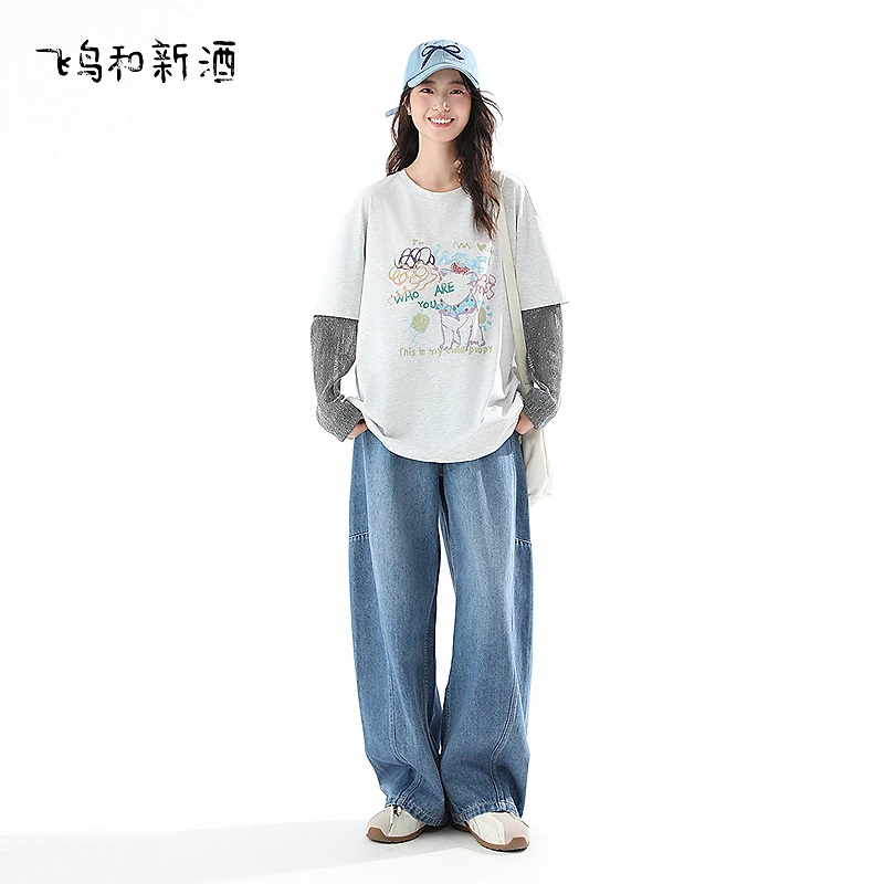 【立子专属】飞鸟和新酒印花字母假两件T恤女春季内搭套头圆领上衣