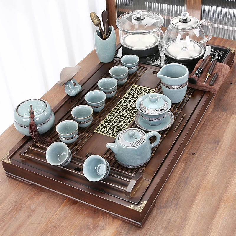 整套茶具套装全自动烧水壶一体实木茶盘家用客厅泡茶功夫茶台现代