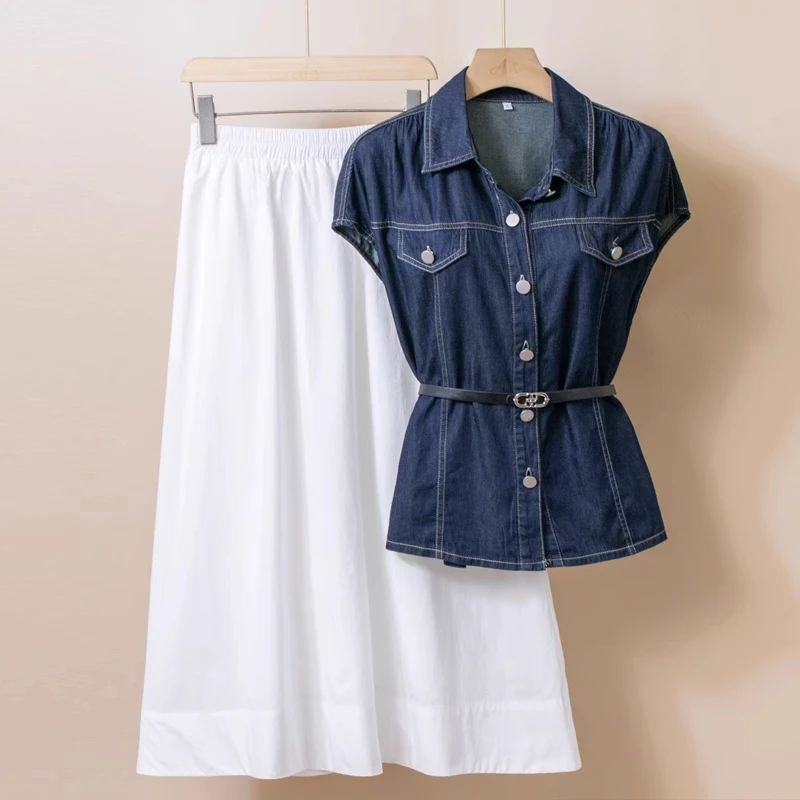 拉夏贝尔无袖牛仔上衣半身裙两件套夏季2025年新款时尚百搭套装女