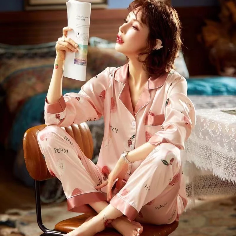 夏季新款睡衣女士春季凉感冰丝时尚夏季长袖套装家居服简约薄款