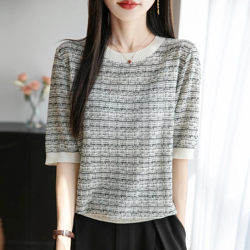 100莱赛尔天丝小香风重工亮丝圆领气质针织衫女短袖T恤jj348