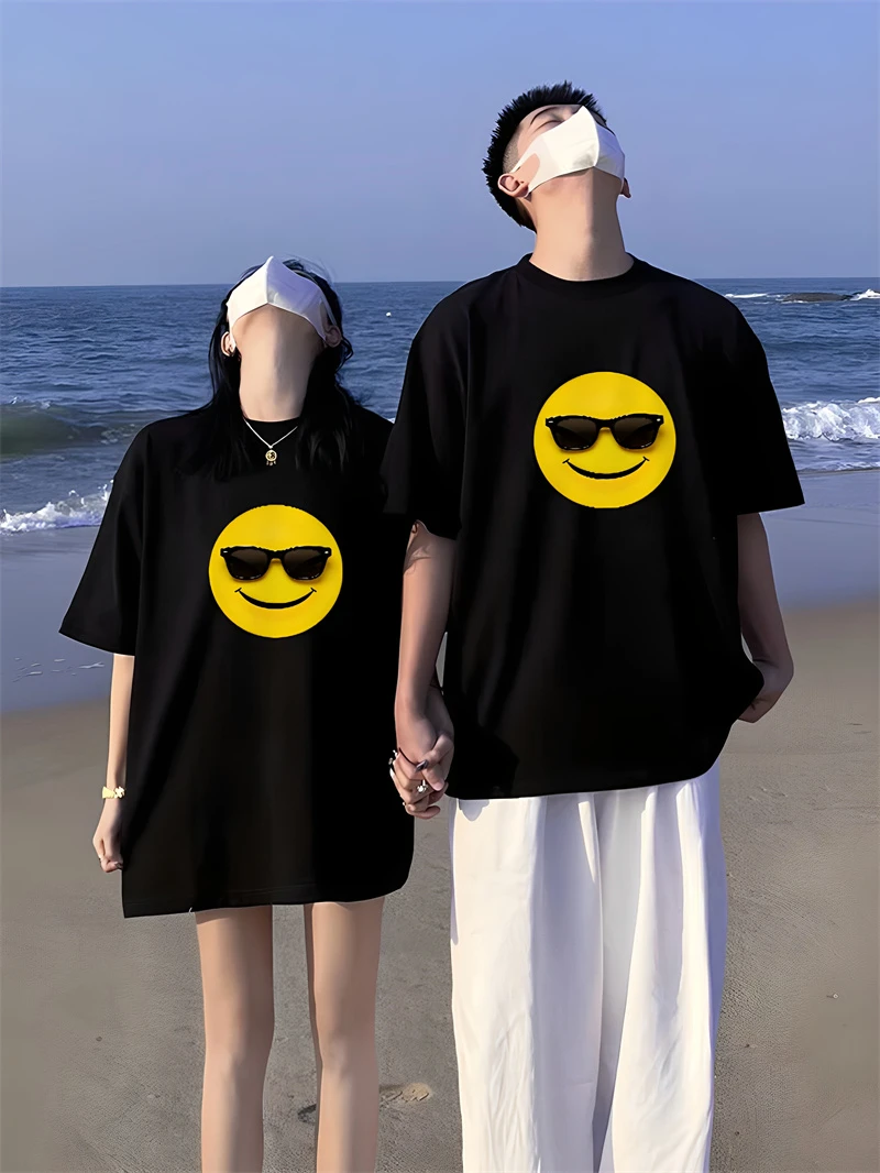 情侣装潮牌笑脸印花纯棉短袖T恤男女款2025新款夏季爆款宽松半袖