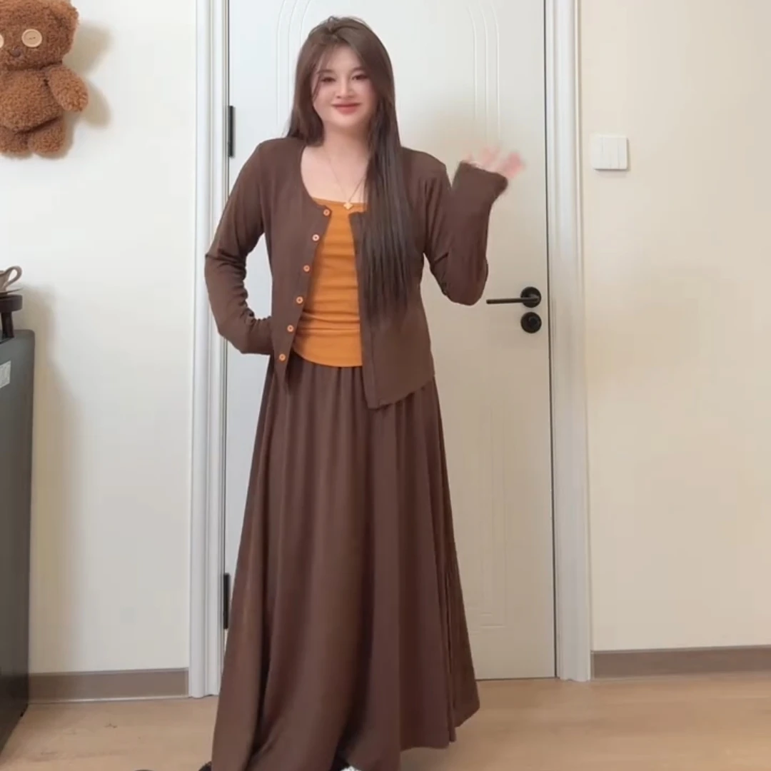 2025春季新款网红同款防晒开衫+吊带背心+百褶半身裙三件套女