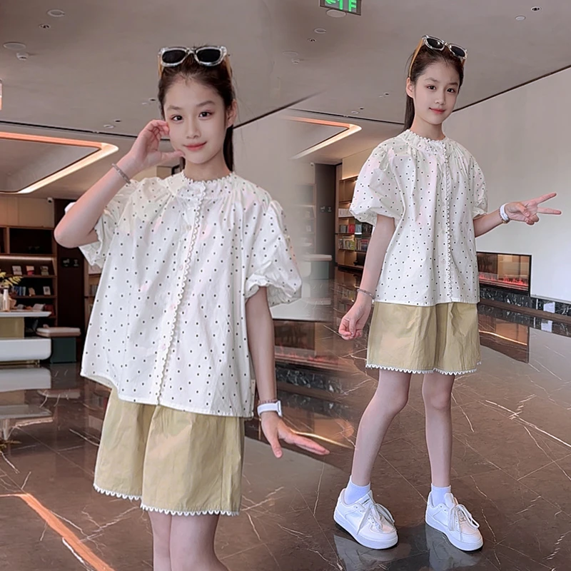 女童夏装套装2025新款洋气儿童装夏季波点衬衫女孩花边短裤两件套