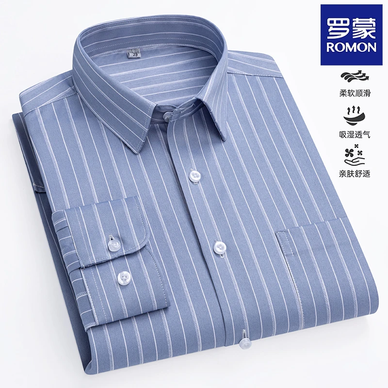 罗蒙男士新款长袖衬衫免烫抗皱中青年衬衣商务休闲格子春秋季男装