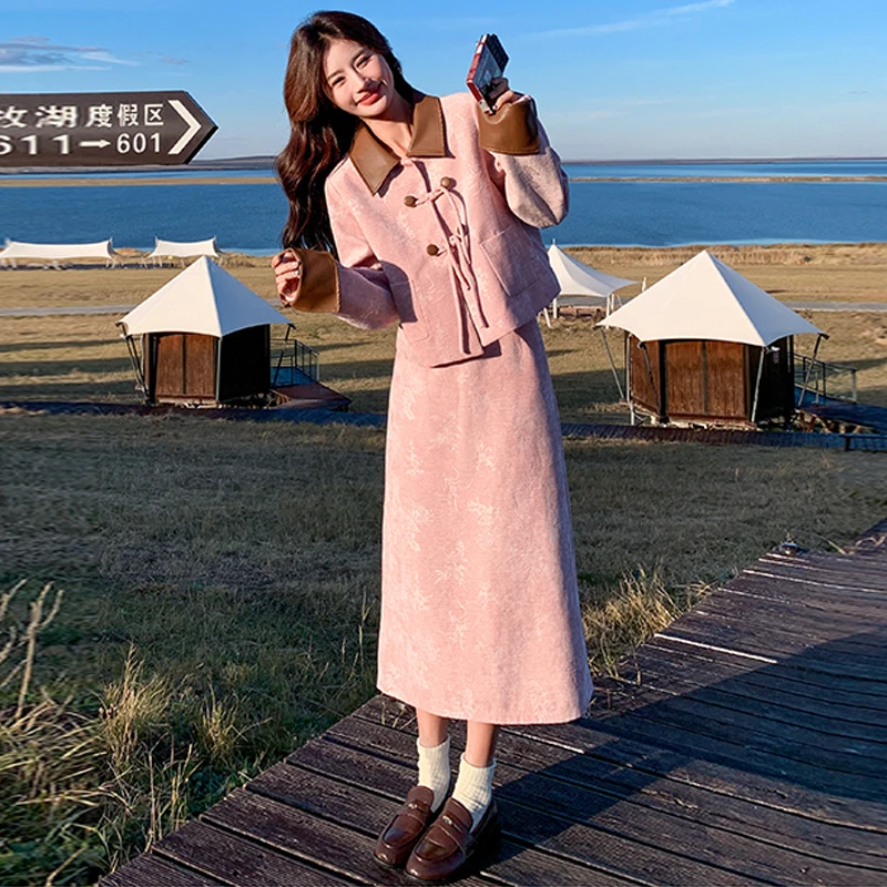 入秋新中式pu皮拼接套装裙女秋季国风两件套温柔风大方得体一整套