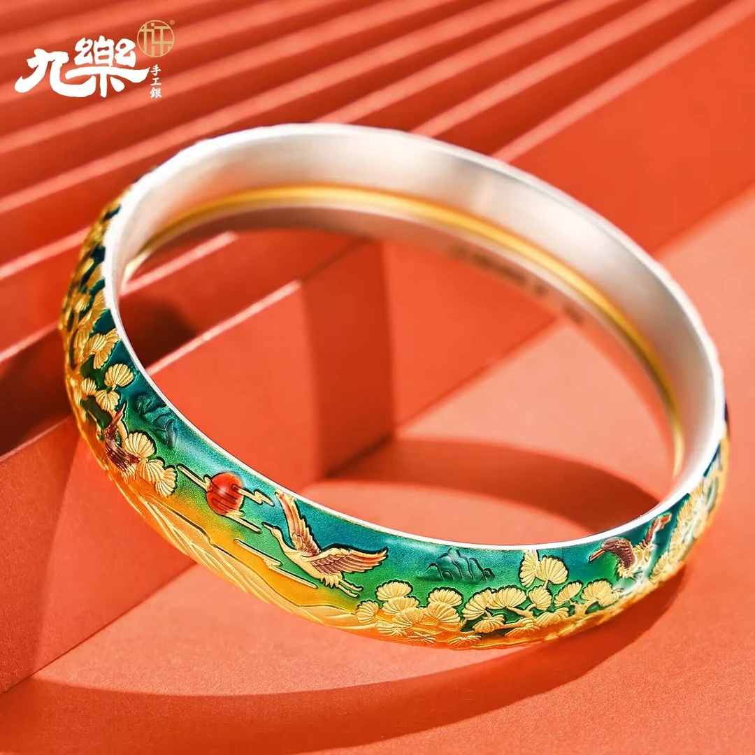 九乐 足银珐琅手镯 描金珐琅仙鹤同春手镯
