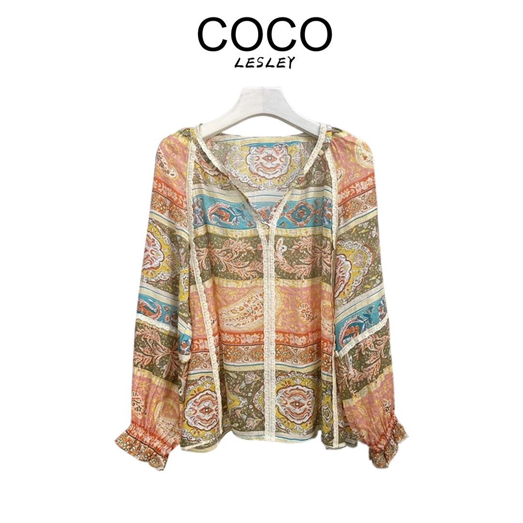 【COCO LESLEY】夏季复古时尚碎花印花宽松凉爽女长袖小衫T恤休闲