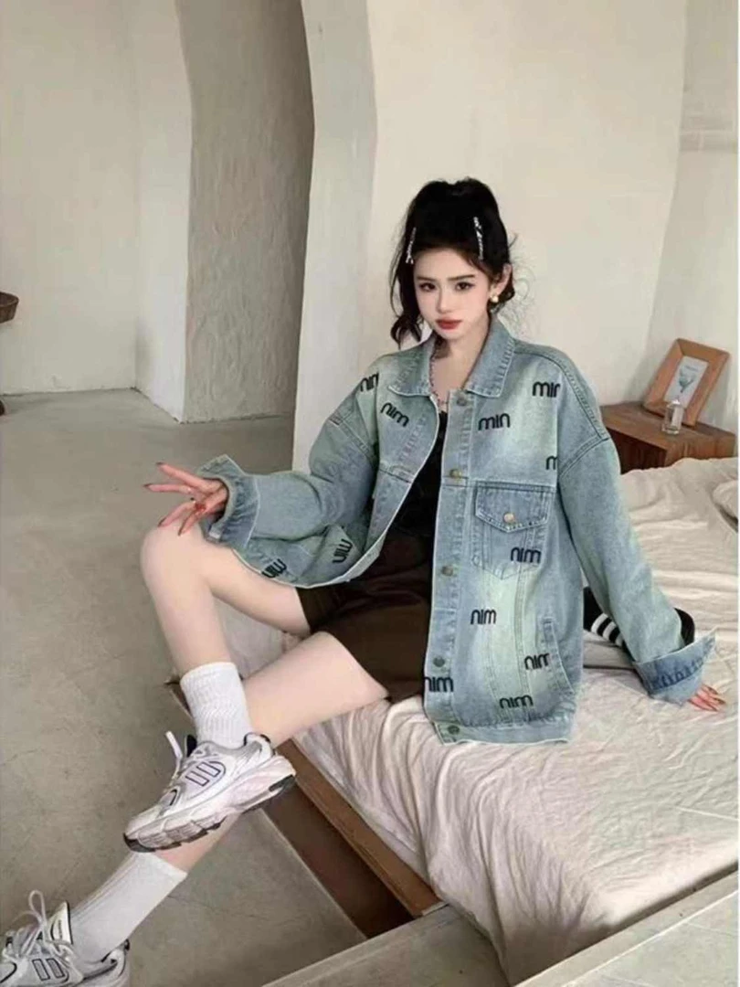 美式复古刺绣字母牛仔衣外套女2025春秋新款宽松洋气减龄夹克上衣