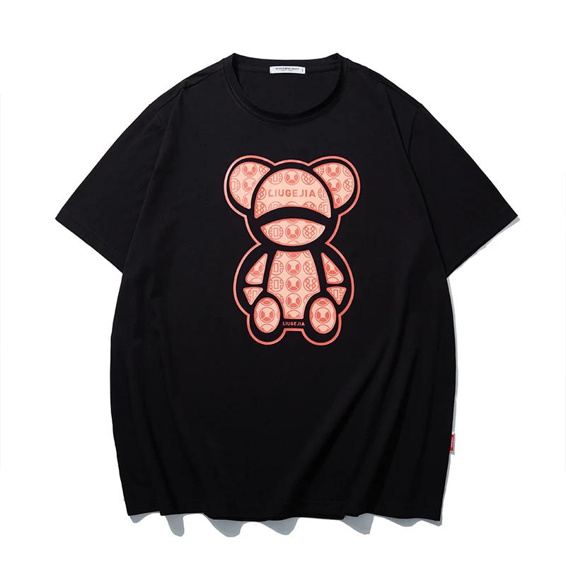 LIUGEJIA/六个加潮牌大码夏季字母熊印花休闲宽松T恤八色 T6311