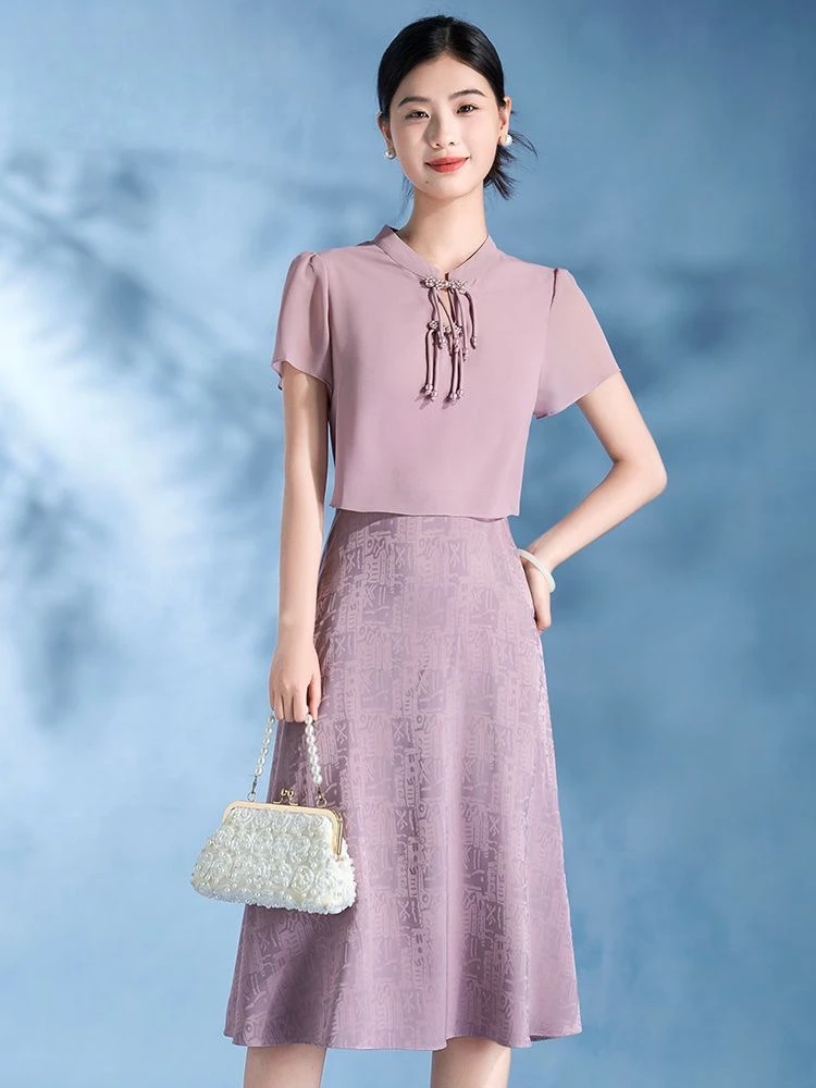F072新中式短袖假两件修身收腰气质时尚夏季连衣裙
