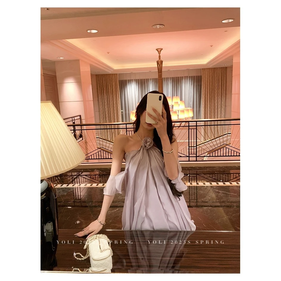 【公主日记】法式甜美风立体花朵挂脖连衣裙女夏季海边度假风仙女裙