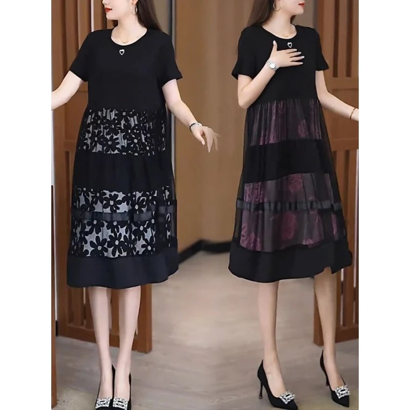 2527#小个子短袖连衣裙大码女装夏季新款洋气妈妈宽松遮肚子裙子