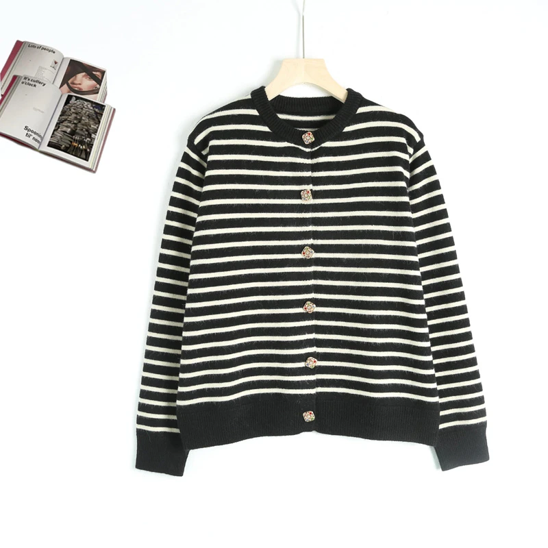 W0091黑白条纹针织开衫男女同款薄款外搭毛衫韩系减龄百搭短外套