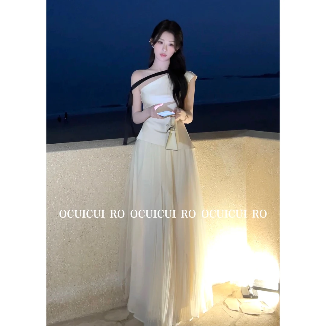 CUI CUI 崔崔【花间酒】夏季法式温柔风千金高级感斜肩上衣套装女
