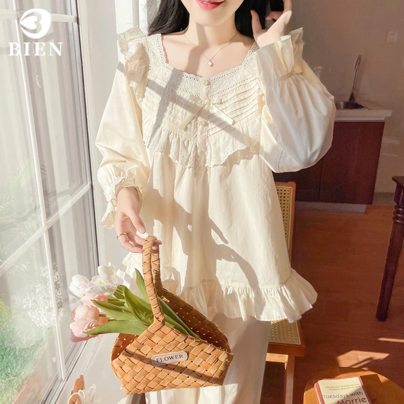 BIEN纯棉睡衣女春秋季甜美可爱公主风家居服可外穿法式宫廷风套装