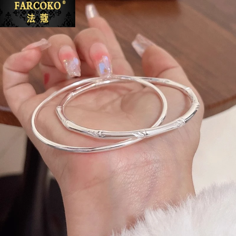 法蔻999纯银竹节手镯女简约实心素圈镯子送女友老婆生日情人节礼