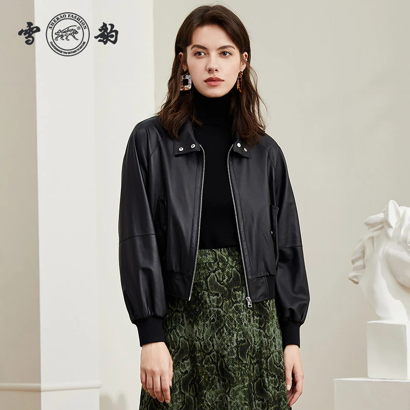 雪豹头层绵羊皮休闲翻领真皮皮衣女士外套时尚潮流韩版机车夹克