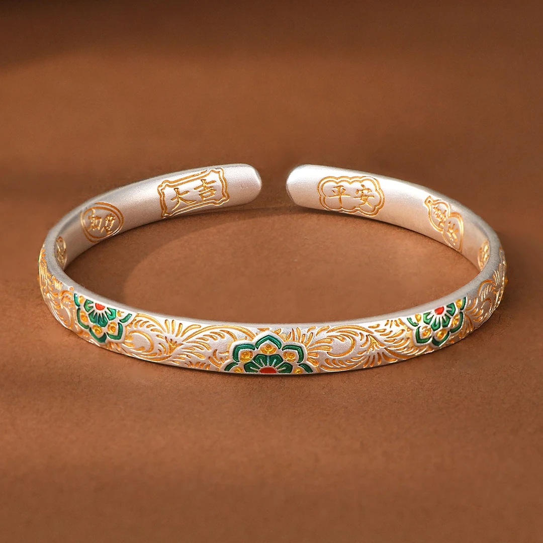 足银手镯 唐草纹宝相花足银999手镯珐琅彩描金实心开口镯子礼物