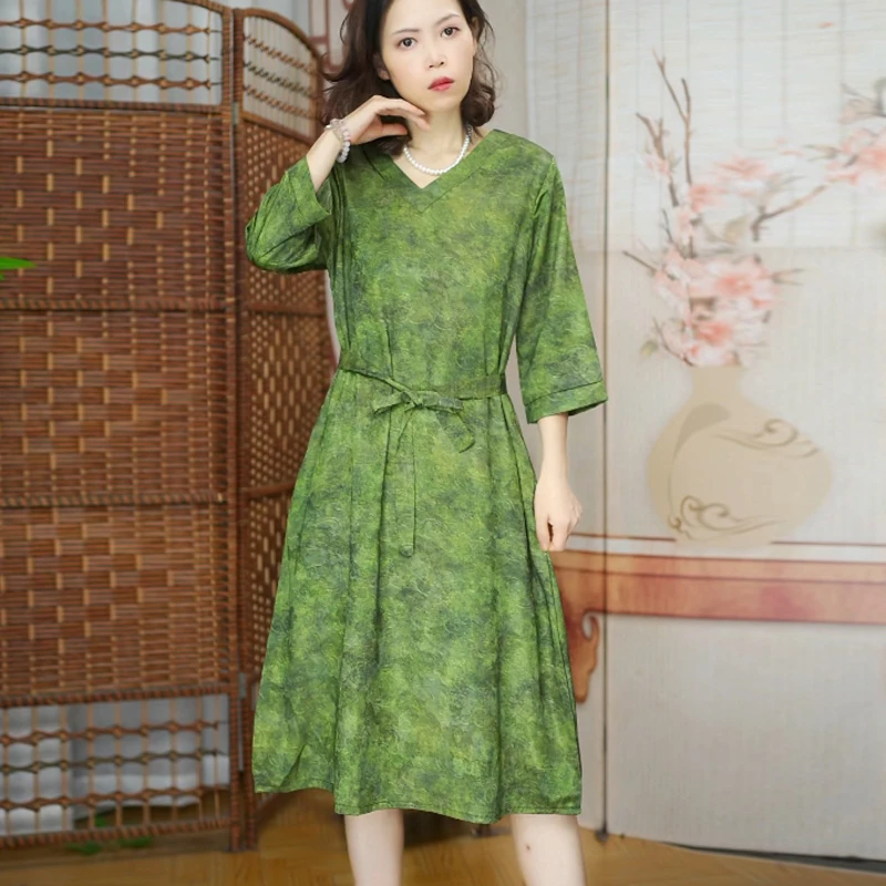 25 绿色满圆  女装连衣裙春秋季提花裙子大码显瘦气质时尚宽松