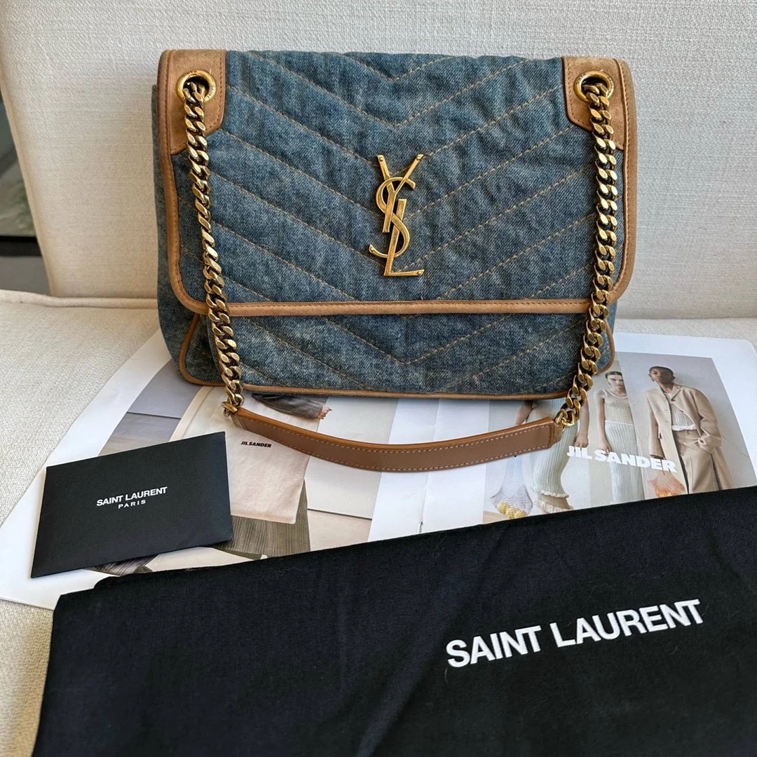 95新 YSL/圣罗兰 95新-中号牛仔布料拼棕色光滑麓绒