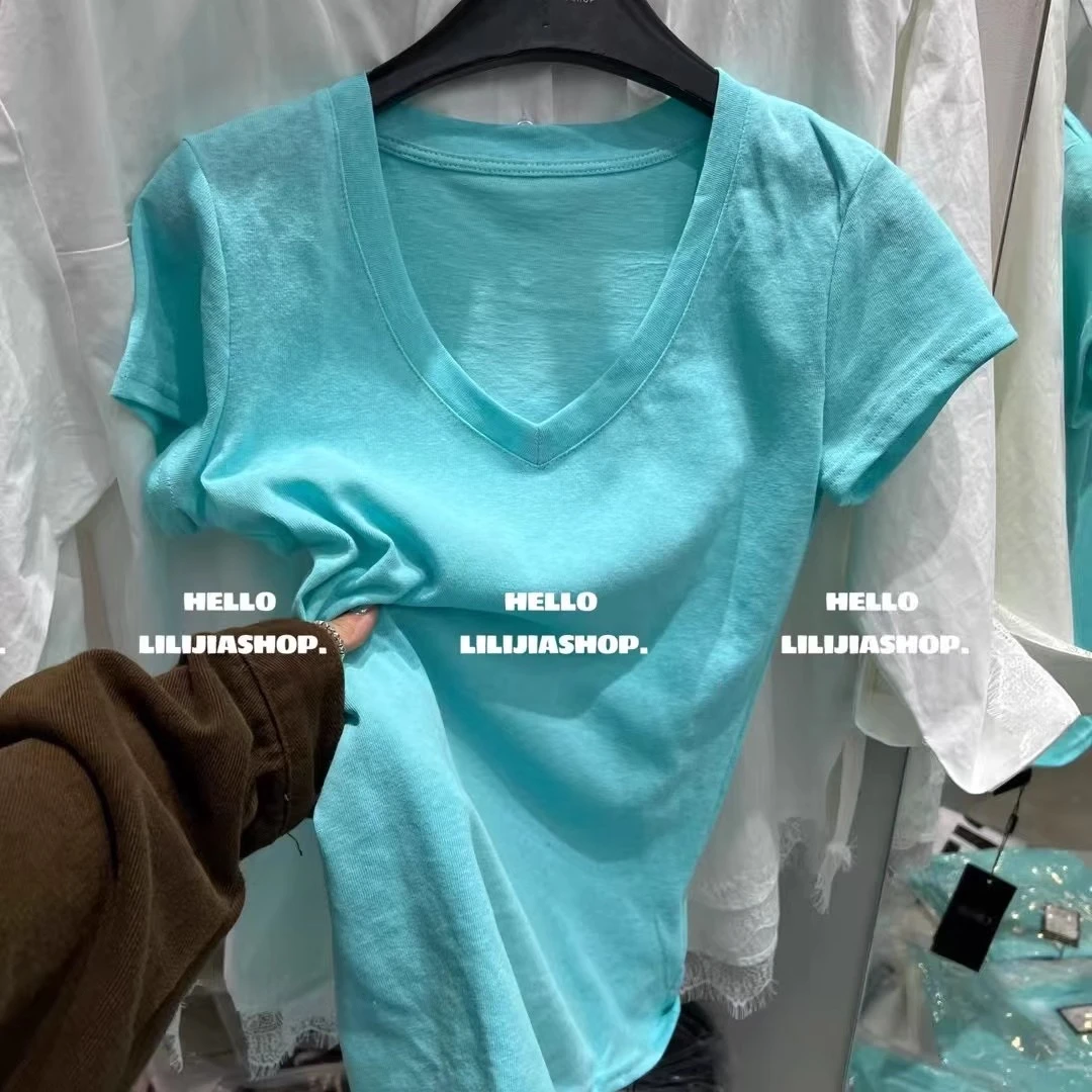 韩国东大门夏季新款韩版时尚设计感V领百搭显瘦正肩短袖t恤女上衣