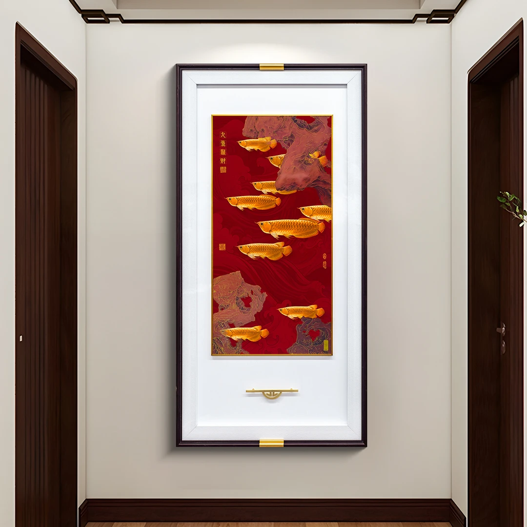 益师傅式九鱼图玄关装饰画正对门走廊过道挂画寓意好金龙鱼80160