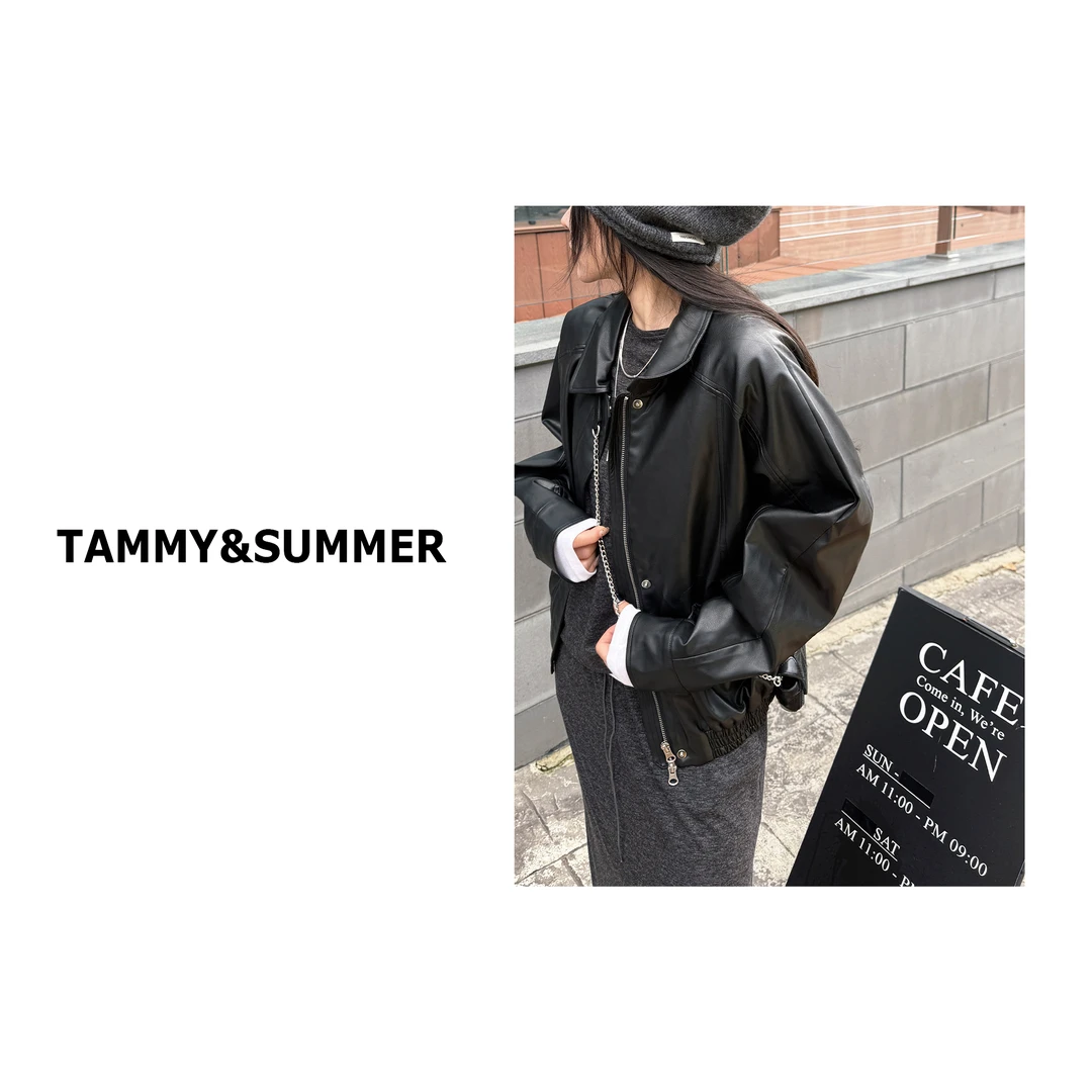 【Tammy&Summer】韩版时尚百搭宽松拉链美式休闲翻领皮衣外套369084