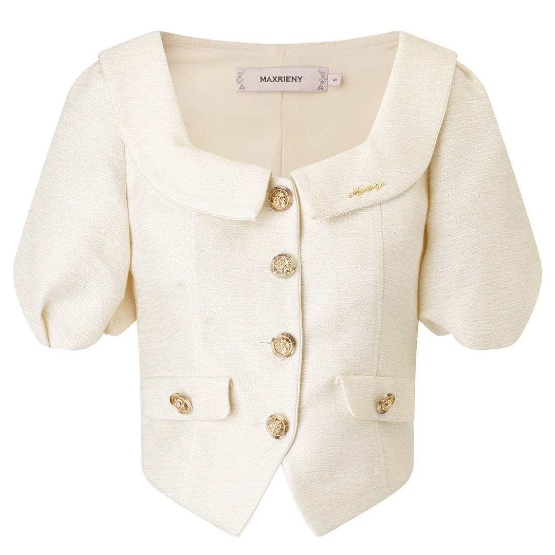 复古小香风泡泡袖衬衫春品花纱方领上衣修身显瘦