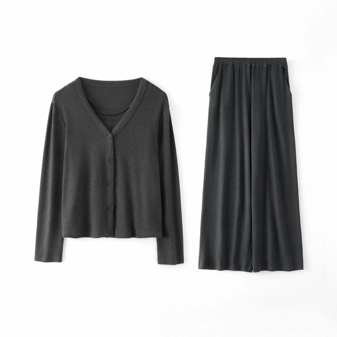 今婷韩版百搭宽松舒适休闲纯色背心外套裤子慵懒套装女-M25106304