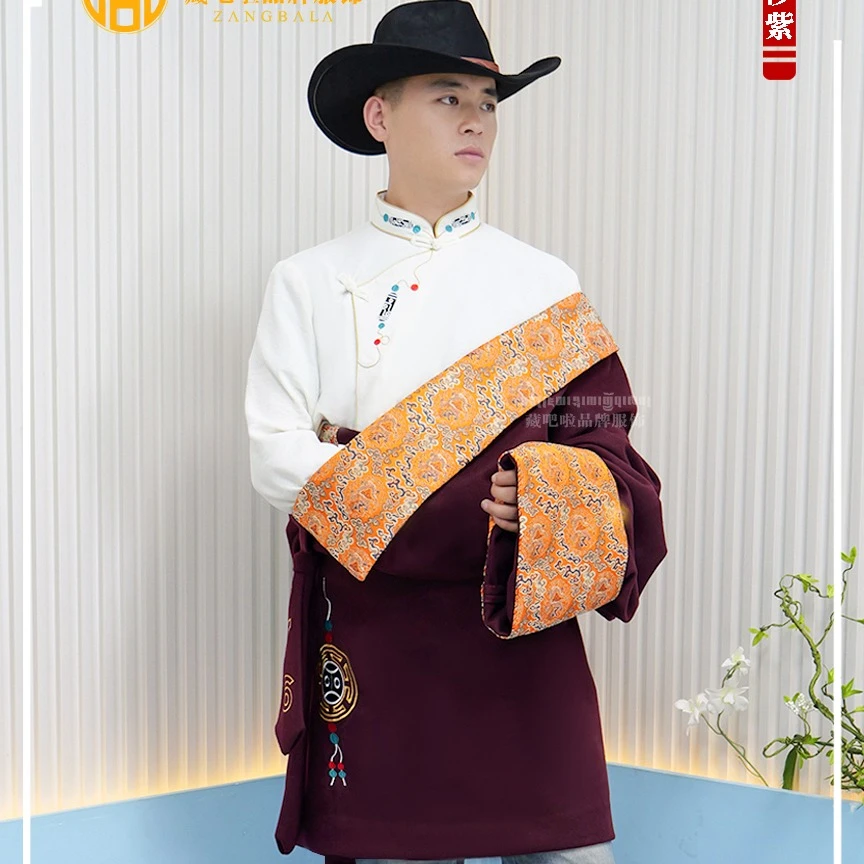 藏吧啦男士康巴高档刺绣尼料藏袍民族服饰