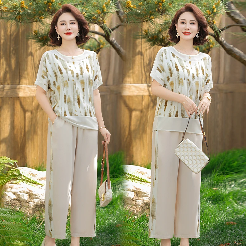 8813宽松型时尚常规修身型中老年女装阔腿裤女装夏季中年显瘦套装