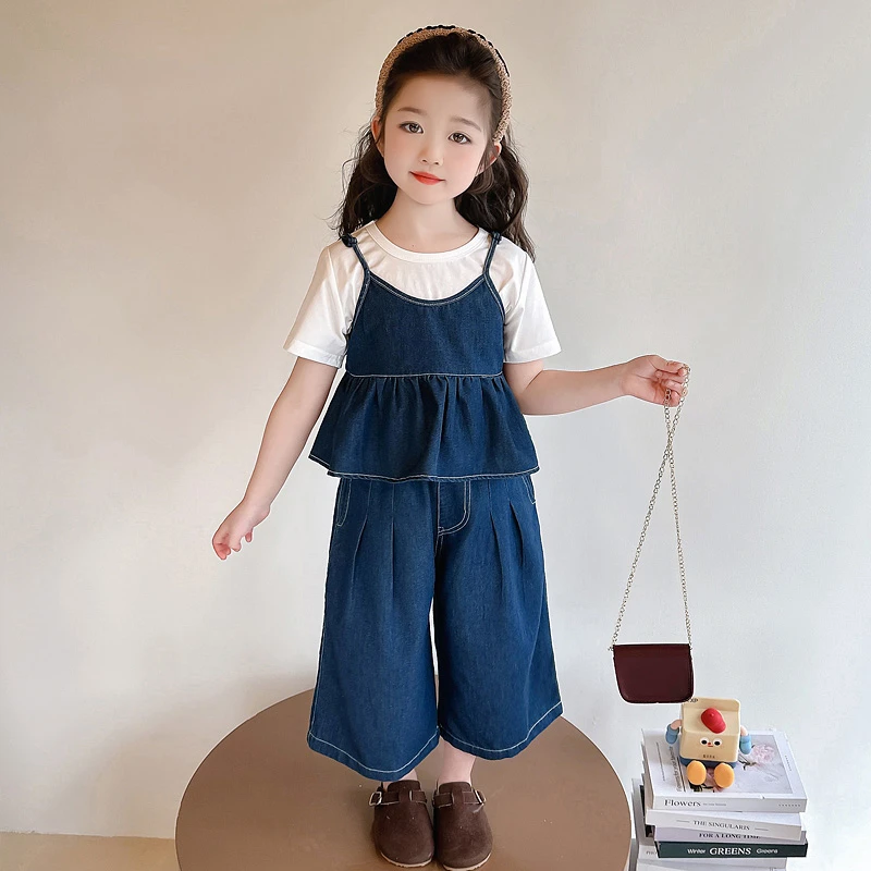 儿童夏季薄款吊带牛仔阔腿裤三件套女童洋气夏装2025新款女孩衣服
