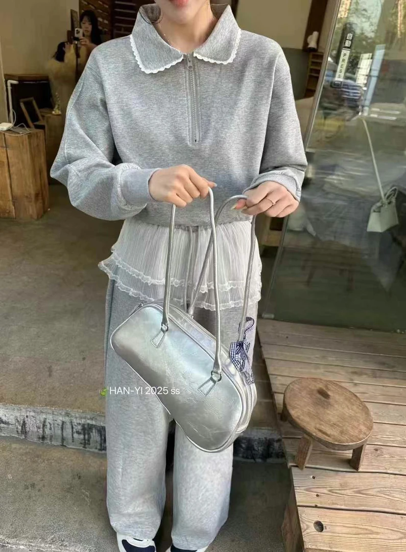 韩版拉链设计感卫衣蕾丝拼接休闲裤两件套时尚套装