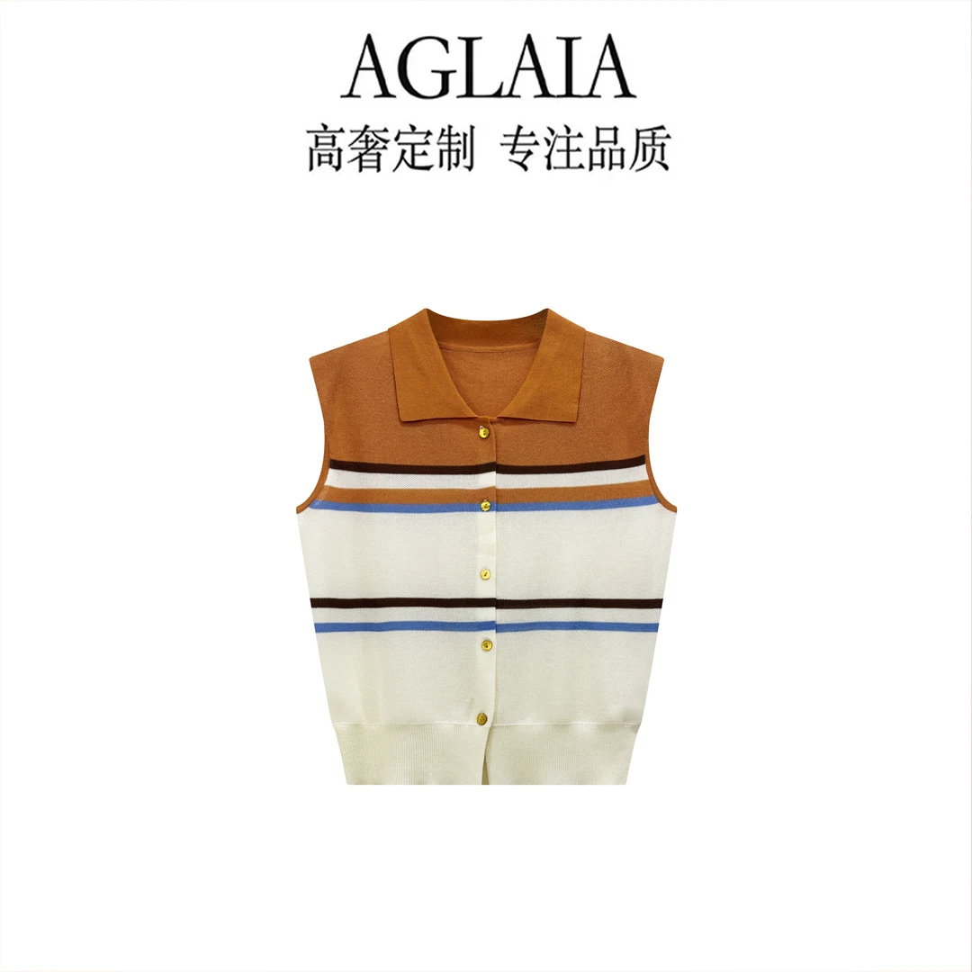AGLAIA~2026夏季新款翻领拼色条纹修身显瘦百搭针织背心上衣6828