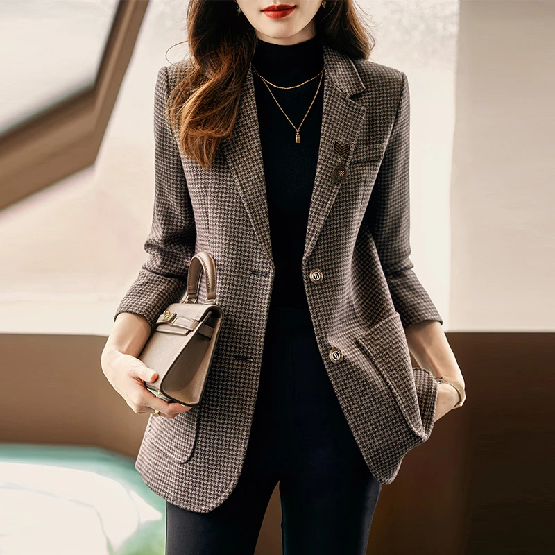 千鸟格西装外套女春秋2026新款小个子休闲高级感格子西服上衣春季