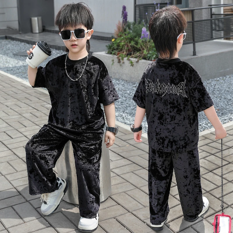 男童夏季短袖套装2025新款中小童宝宝夏装金丝绒两件套洋气薄款潮