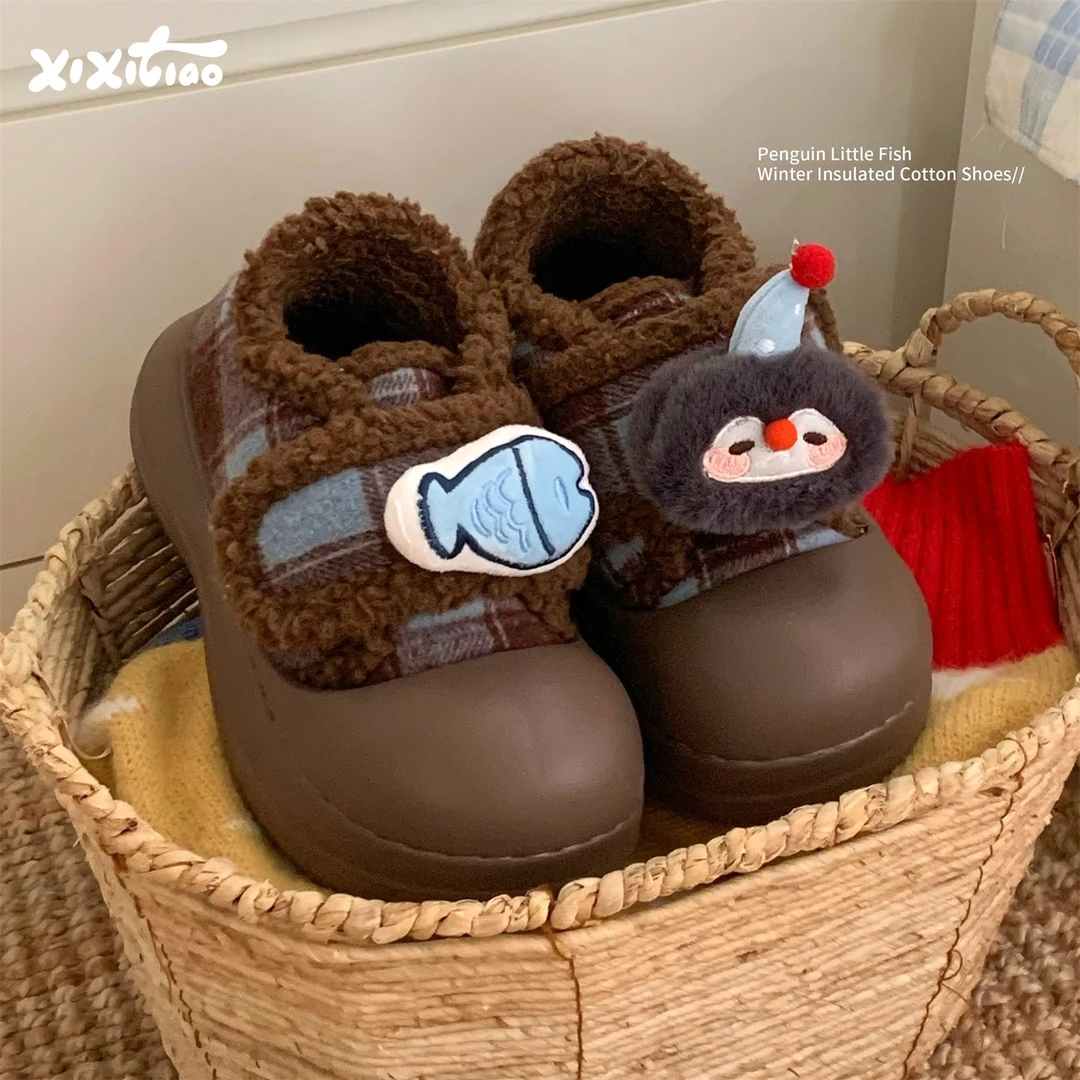 防滑外穿可爱企鹅小鱼毛毛棉鞋保暖魔术贴厚底女冬时尚亲子面包鞋