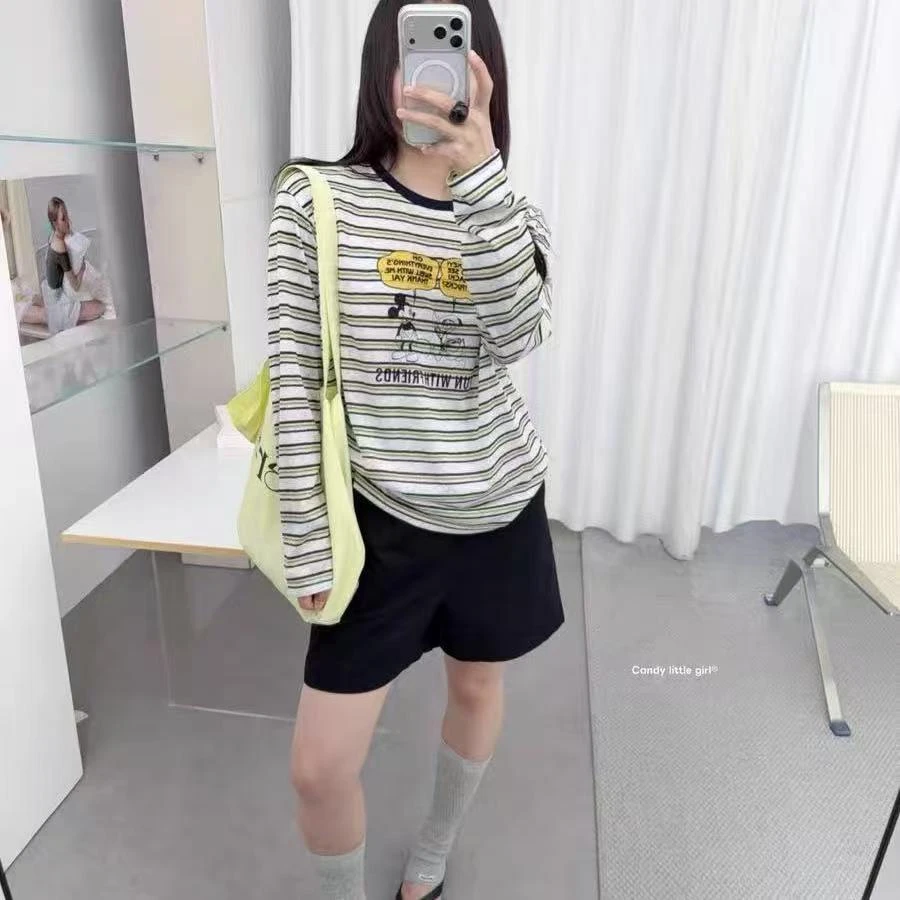 杨茹家8907新款夏季条纹米奇印花长袖宽松显瘦防晒T恤上衣