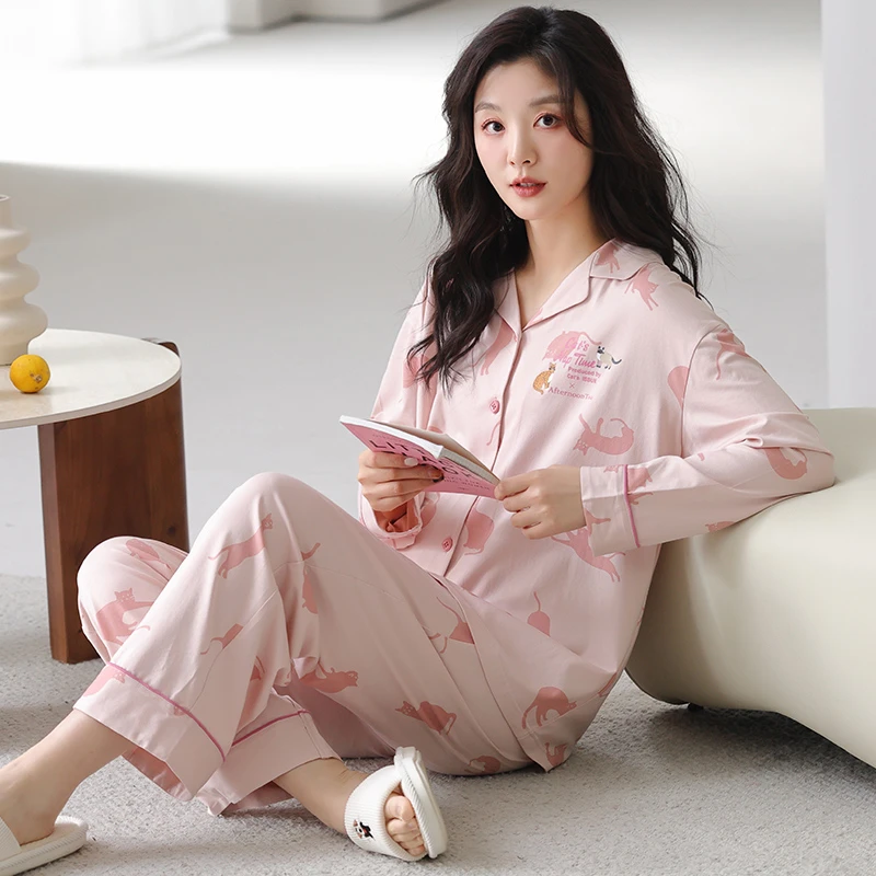 莉莉家睡衣女士宽松加厚纯棉粉色小猫长袖开衫款睡衣家居套装秋冬