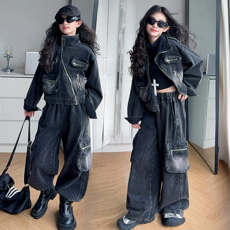 女童牛仔套装春秋装新款潮女孩中大童大口袋工装儿童斜拉链两件套