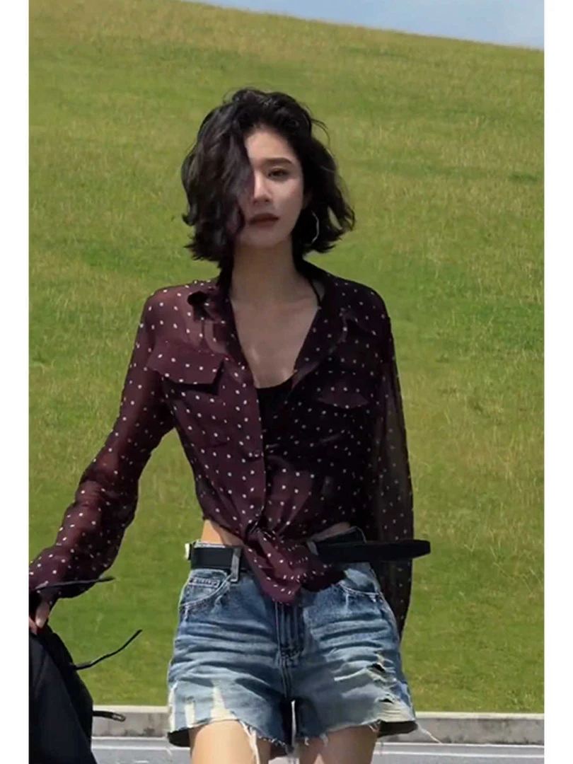 韩版气质波点系带长袖衬衫女装2025夏季新款小众设计高级防晒上衣