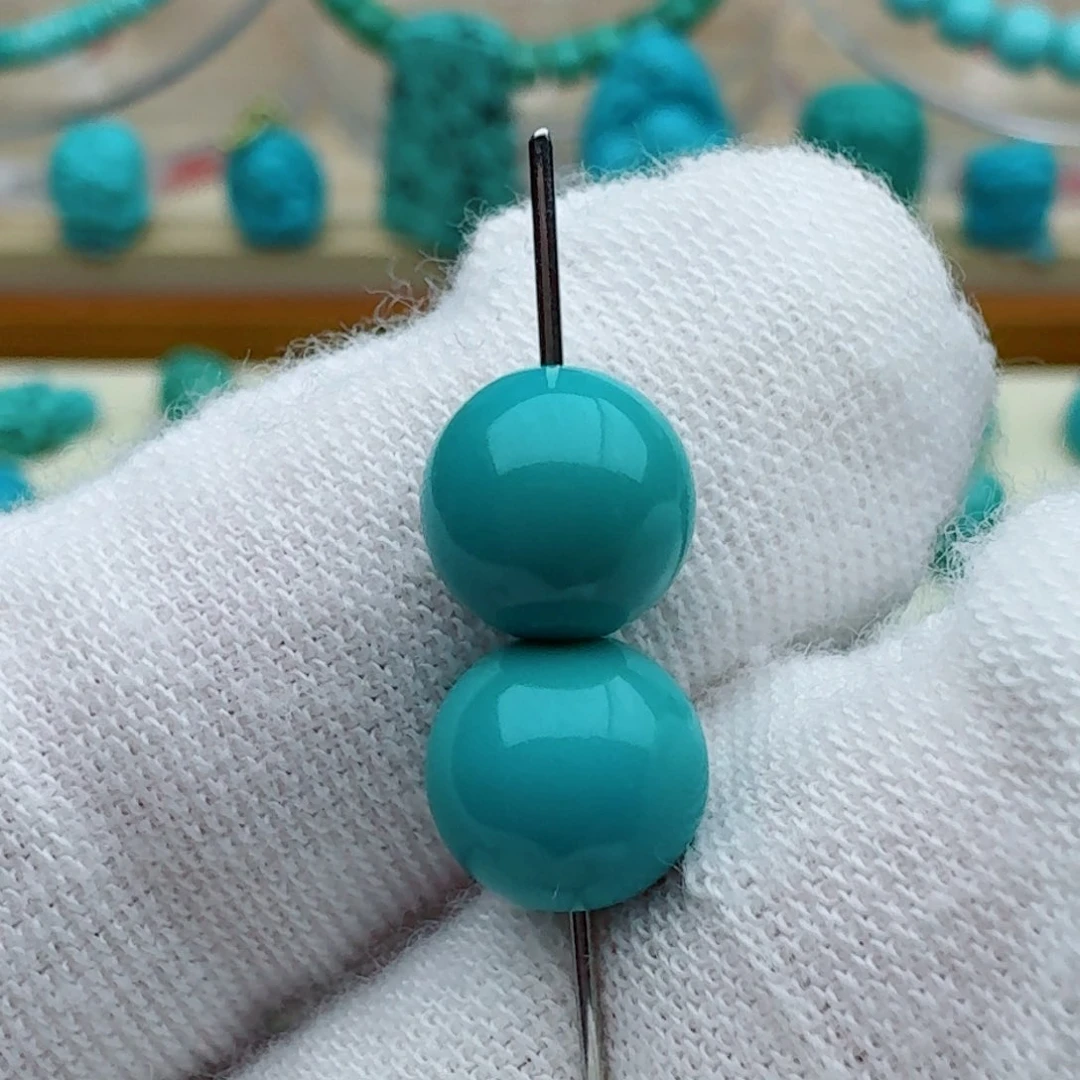 绿松石未镶嵌圆珠对珠7.7