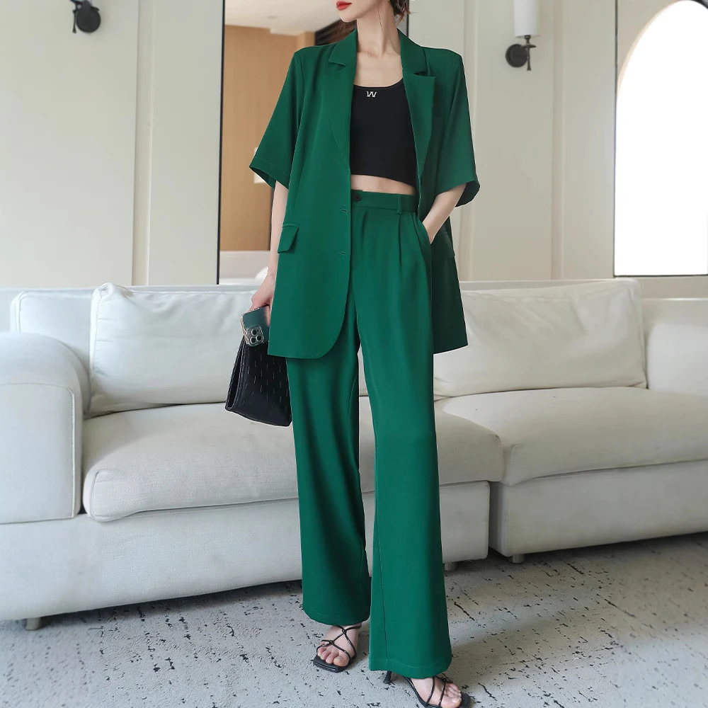 2025年夏季大码女装薄款短袖西装套装女胖mm时尚宽松阔腿裤两件套