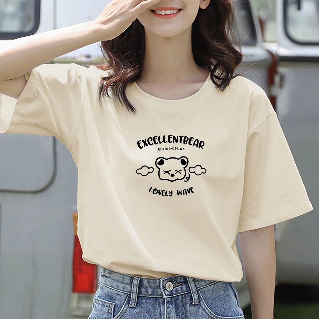 夏季2025年春秋内搭短袖t恤女休闲宽松白色短款百搭上衣印花F30