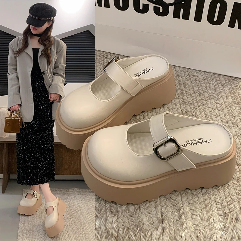 超火松糕厚底增高包头玛丽珍半拖鞋女2025新款时尚外穿博肯凉拖鞋