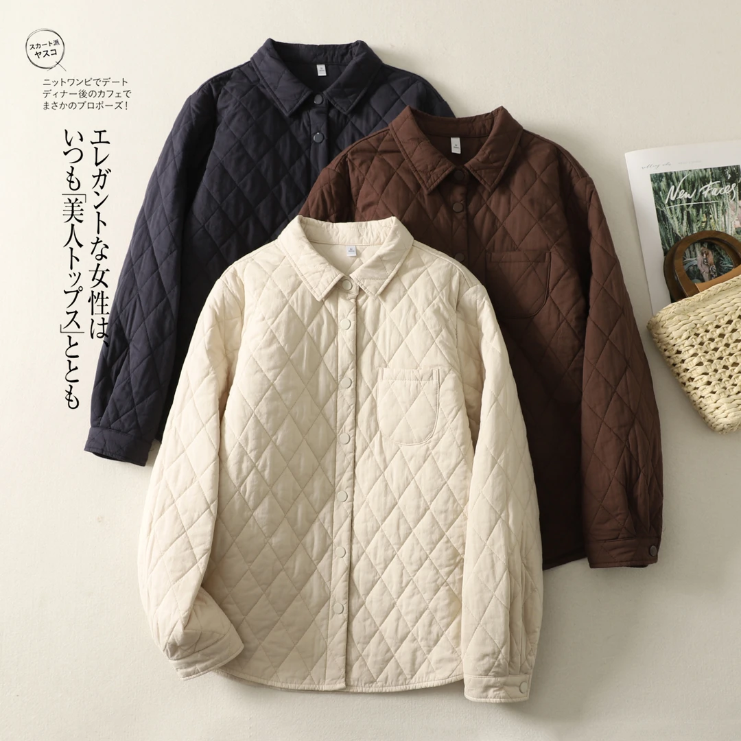 【夹棉衬衫】纯棉菱格简约长袖衬衣外套秋冬加厚百搭