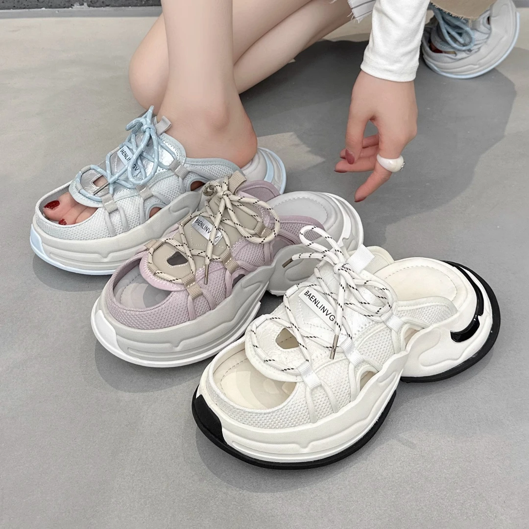 欧洲站半拖鞋女夏季外穿2025新款爆款超火运动老爹鞋镂空鱼嘴凉拖