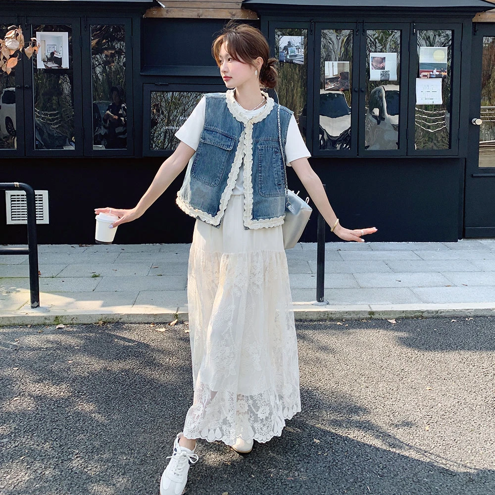 牛仔马甲蕾丝连衣裙套装女小清新仙气两件套减龄休闲夏季2025新款