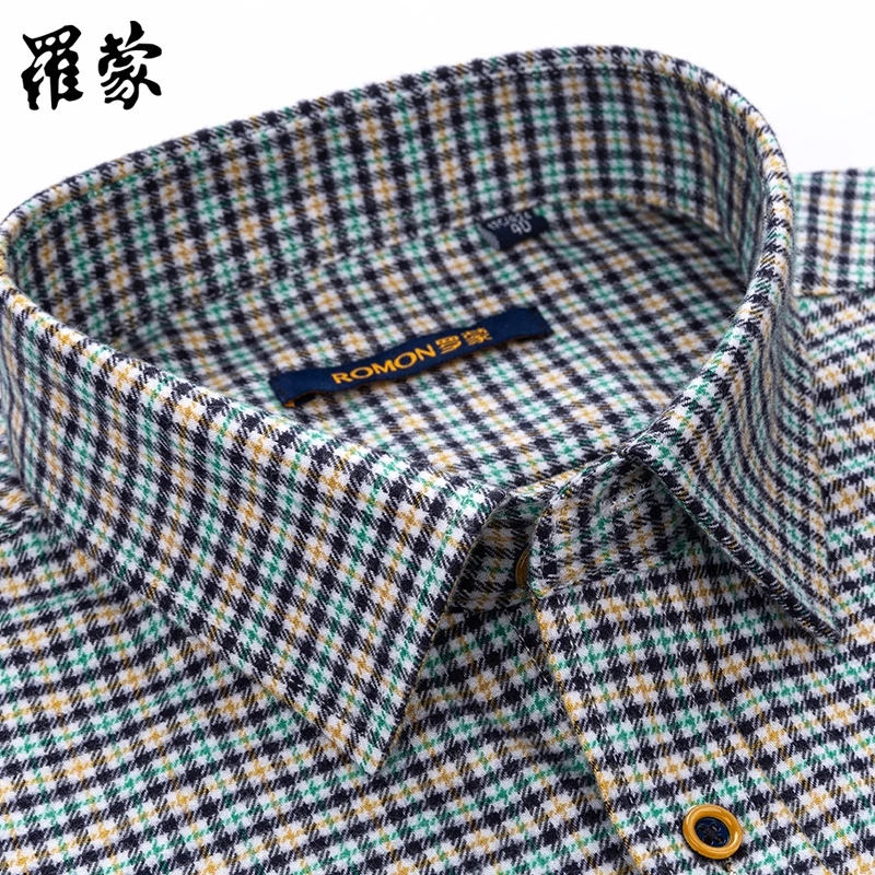罗蒙纯棉磨毛男士商务休闲衬衫长袖百搭中年格子衬衣秋季新款男装